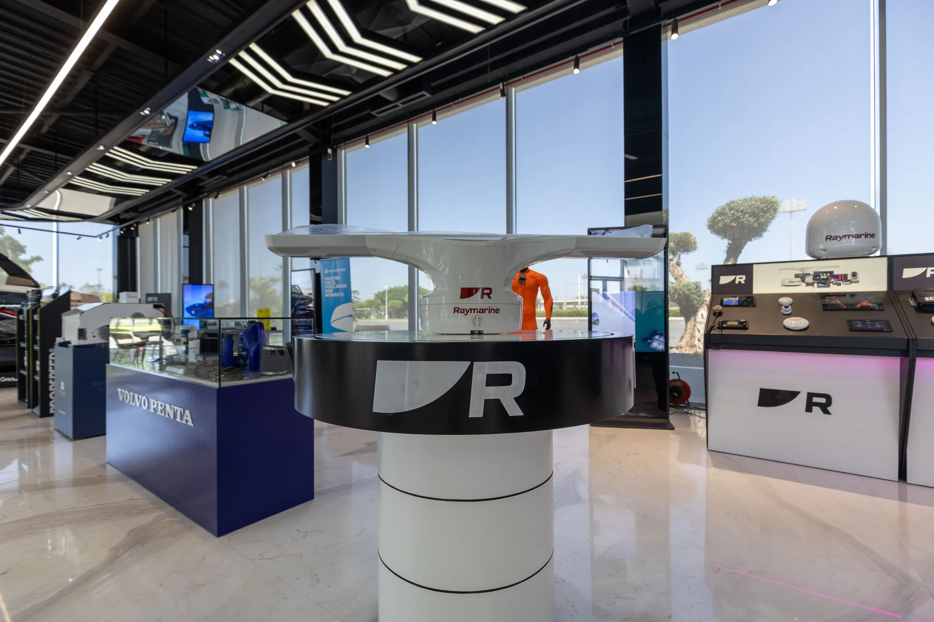 Marine radar and equipment displays inside the showroom