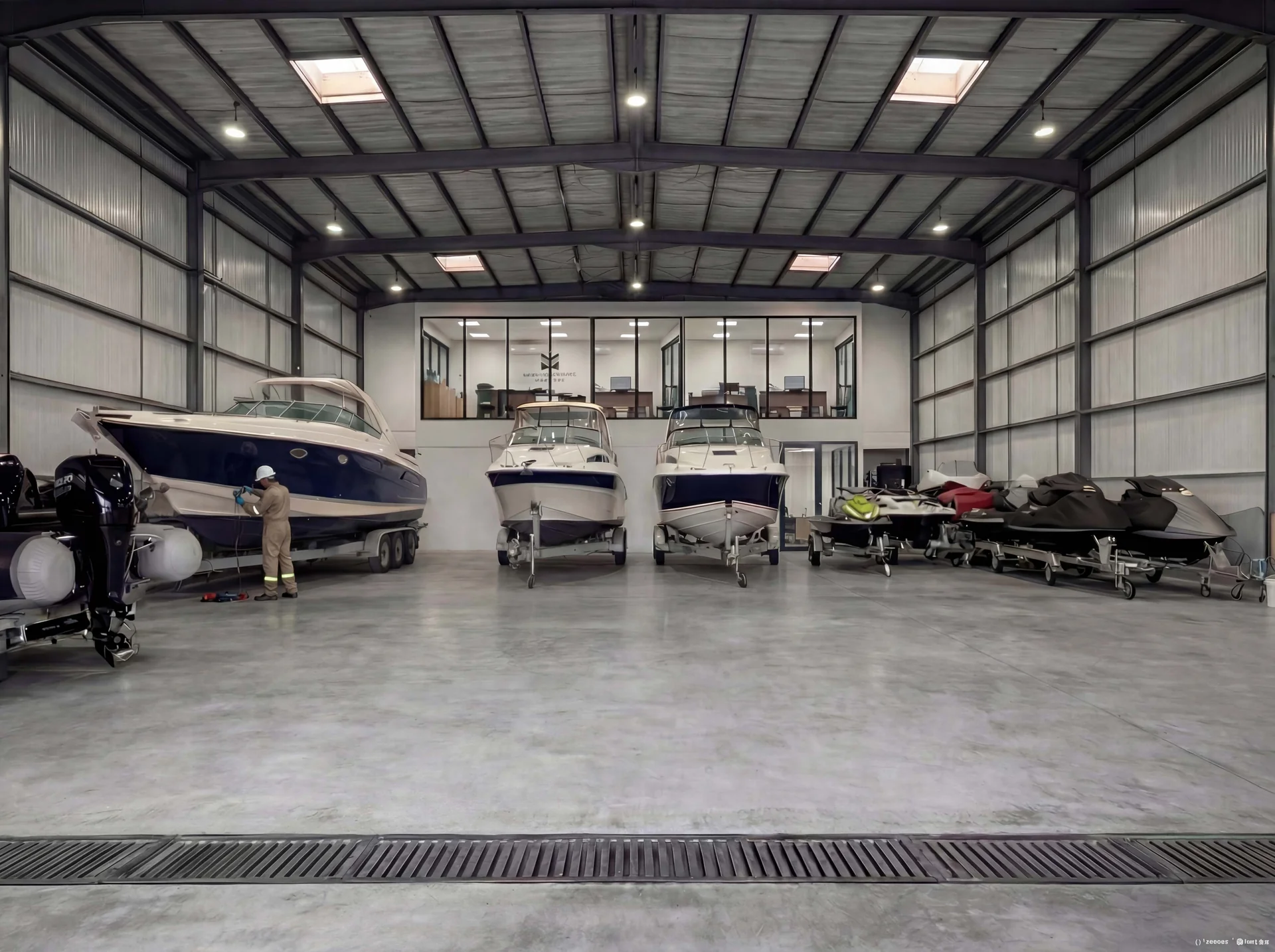 Boats and personal watercraft inside the Marina Marsa Maroc workshop