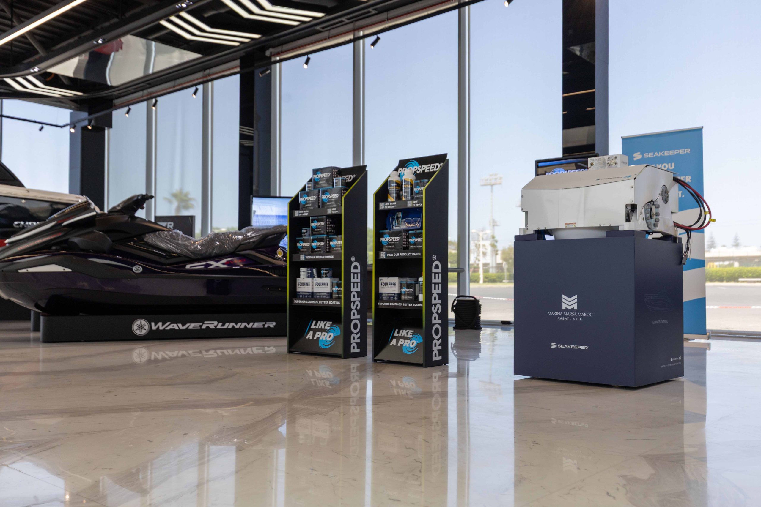 Yamaha WaveRunner, Propspeed and Seakeeper displays on the showroom floor