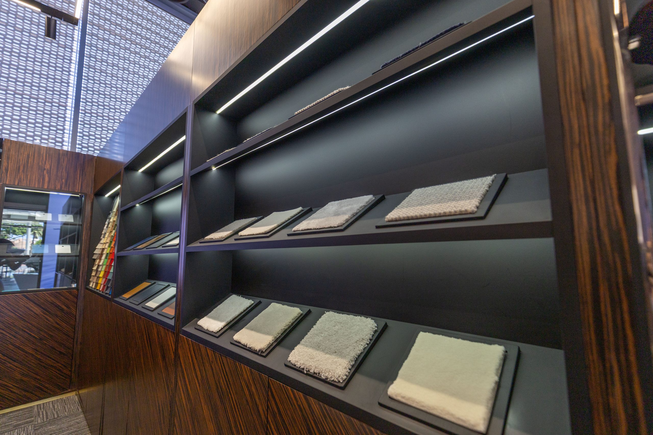 Carpet, upholstery and finish samples displayed in the personalisation studio
