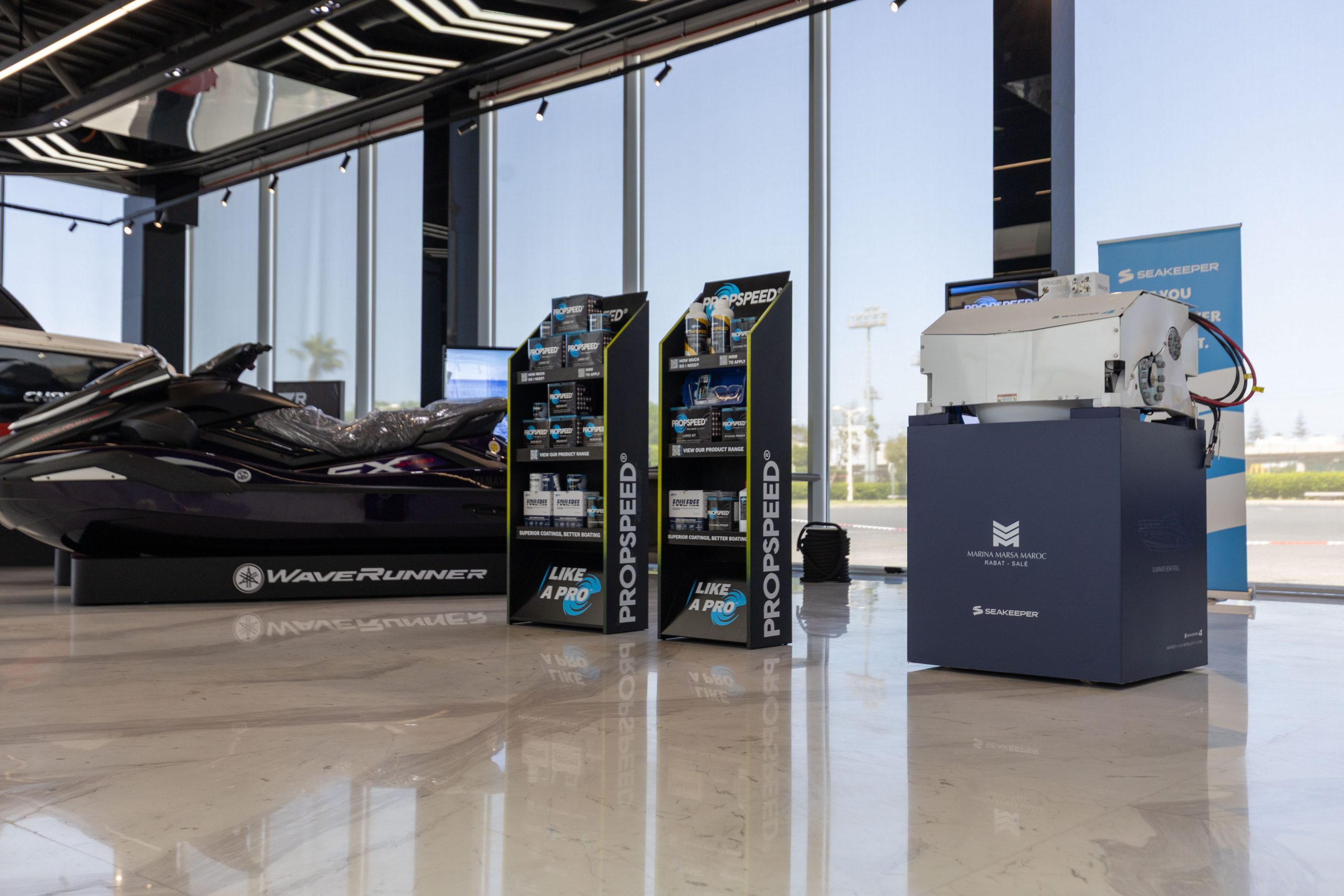 Seakeeper stabiliser, Propspeed products and Yamaha personal watercraft at Marina Marsa Maroc