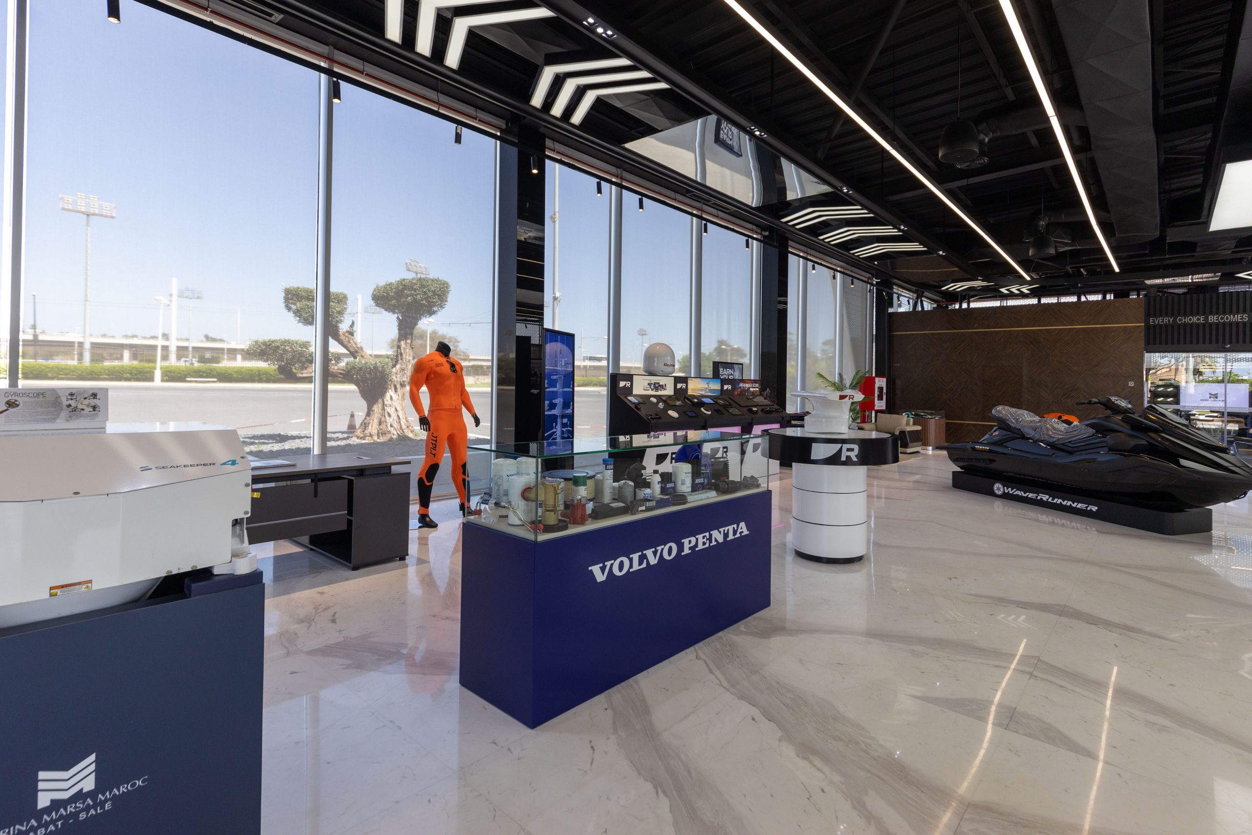 Seakeeper, Volvo Penta and Raymarine marine equipment inside the showroom
