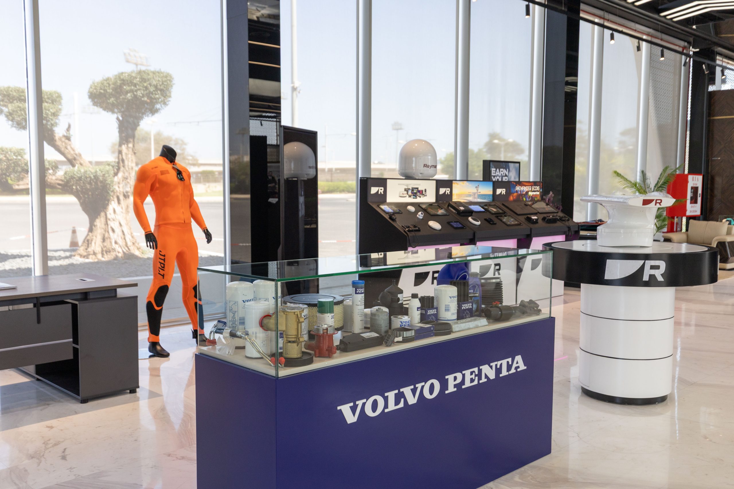 Volvo Penta original parts and Raymarine navigation equipment on display