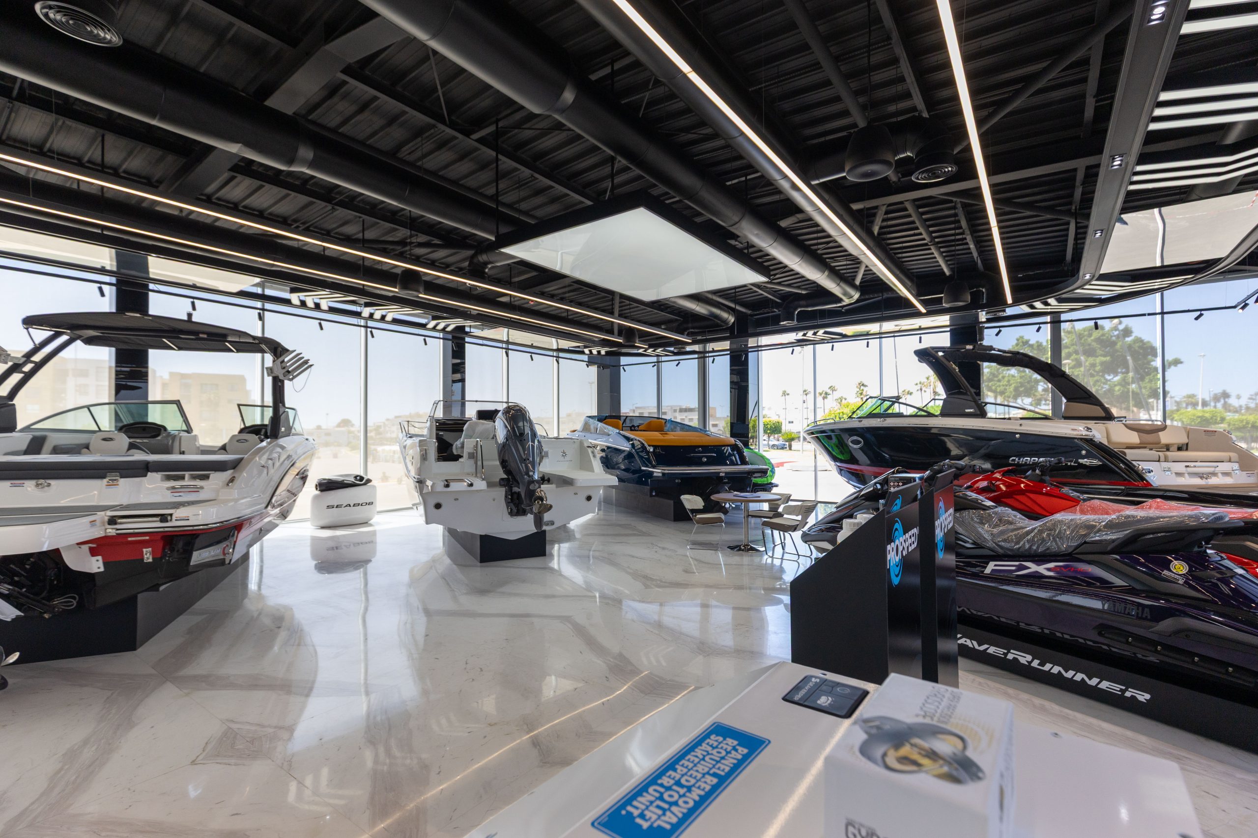 Boats, personal watercraft and equipment displayed at Marina Marsa Maroc